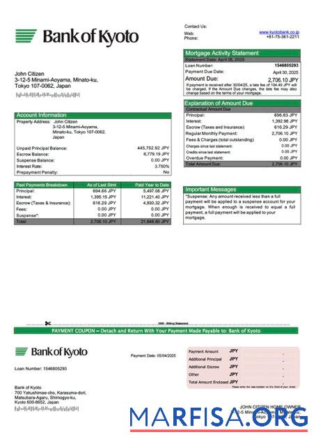 Realistic Japan Bank of Kyoto mortgage statement Word and PDF template